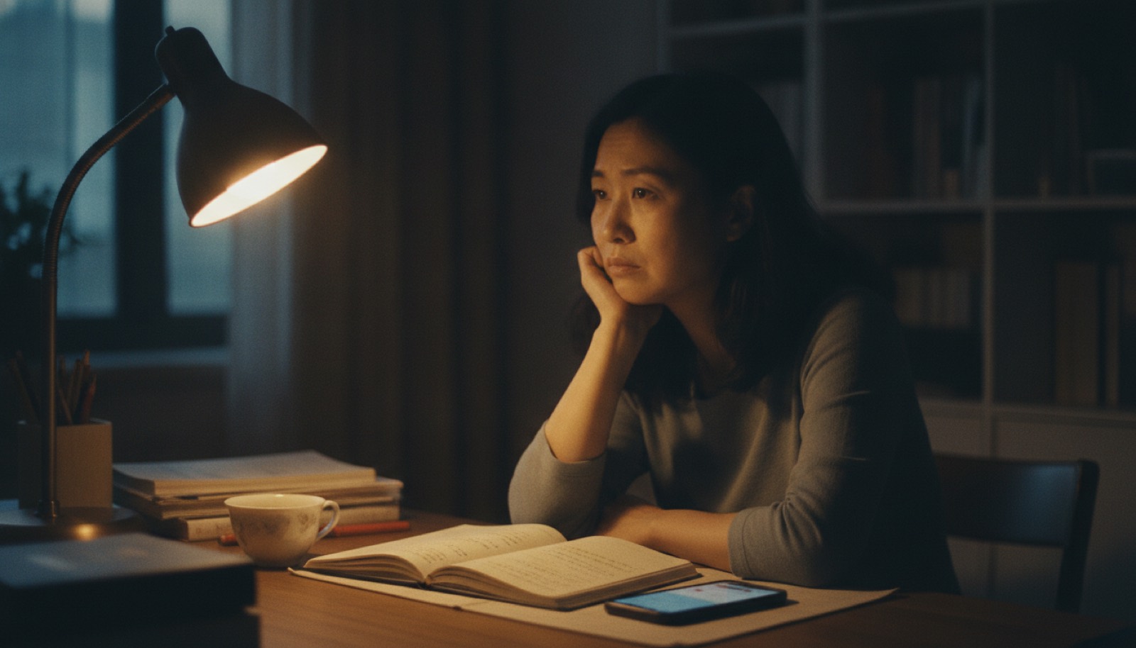 夜晚书桌妈妈独自托腮出神面前摊开记录本焦虑纠结