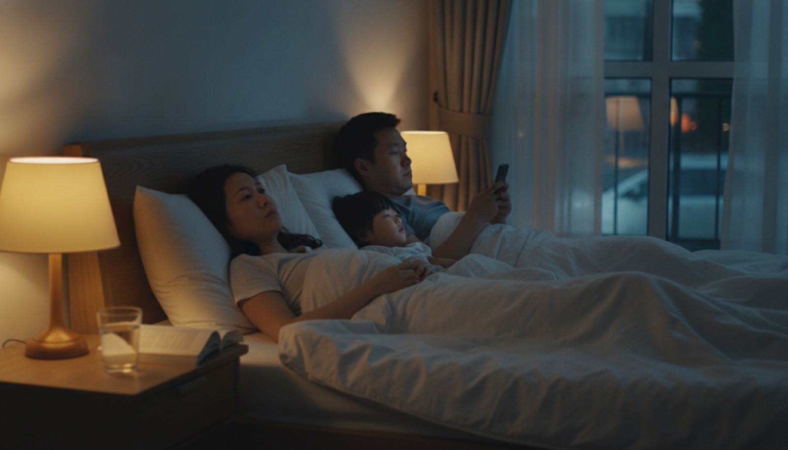 深夜卧室床头一盏昏黄小灯,床边一杯温水,窗外楼下路灯还亮着,氛围安静又睡不着