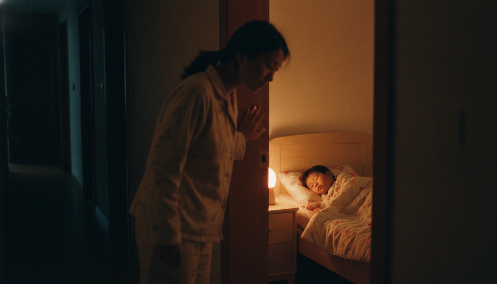 深夜妈妈站在孩子卧室门口探头看孩子安睡小夜灯暖光