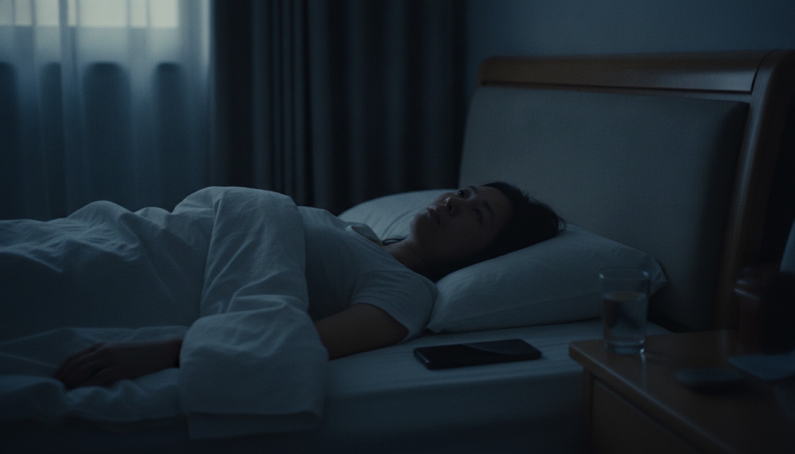 深夜卧室妈妈平躺睁眼望天花板睡不着床头一杯水