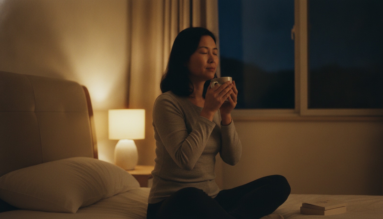 夜晚卧室妈妈盘腿坐床上捧热牛奶闭眼深呼吸暖灯柔和