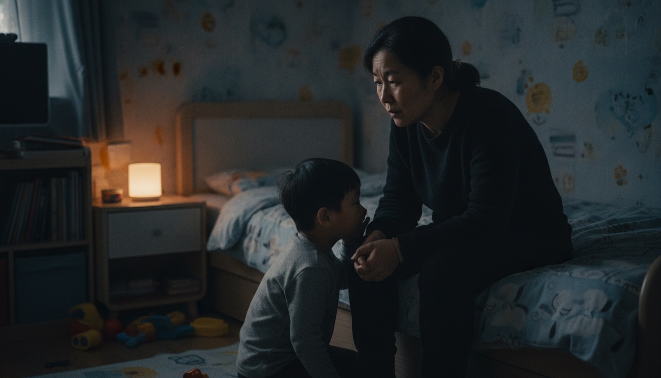 夜晚儿童房床边一个孩子低头小声问着什么妈妈坐在床沿神情认真地听氛围安静沉重