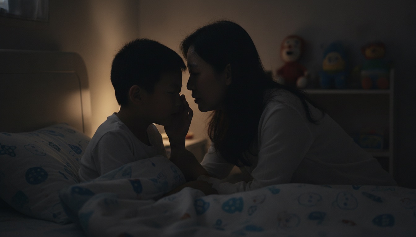夜晚儿童房孩子躺床上低头小声说话妈妈坐床沿俯身认真听
