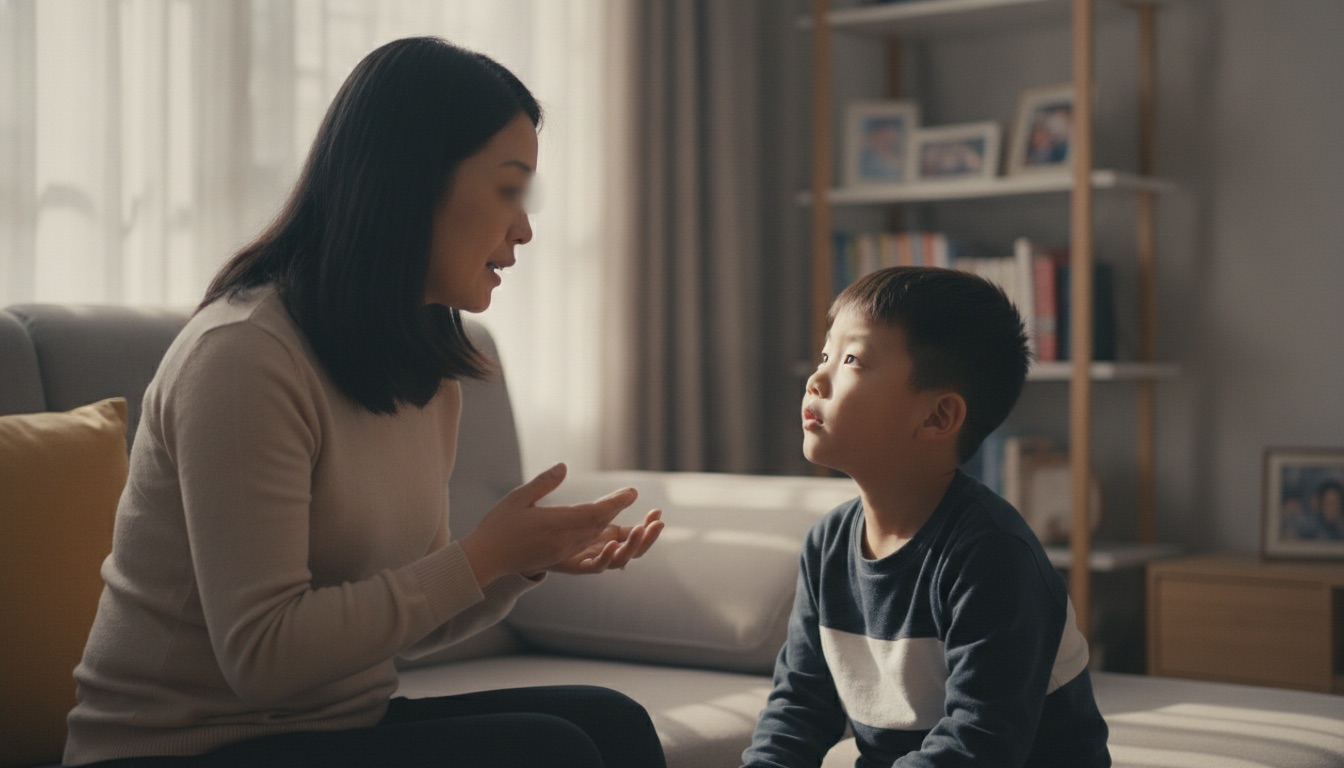 白天客厅沙发妈妈和孩子并排坐妈妈比划着温和讲孩子认真听