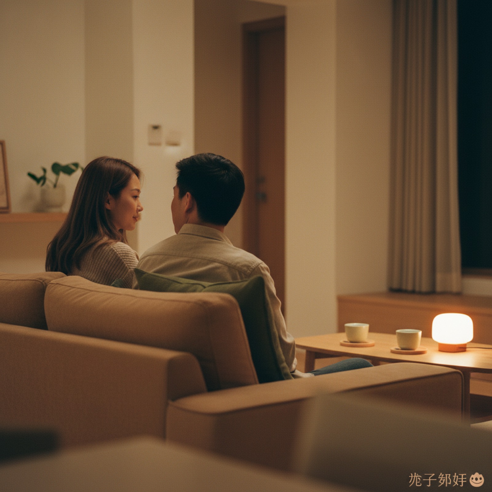 夜晚客厅夫妻一男一女坐沙发聊天,茶几有水杯