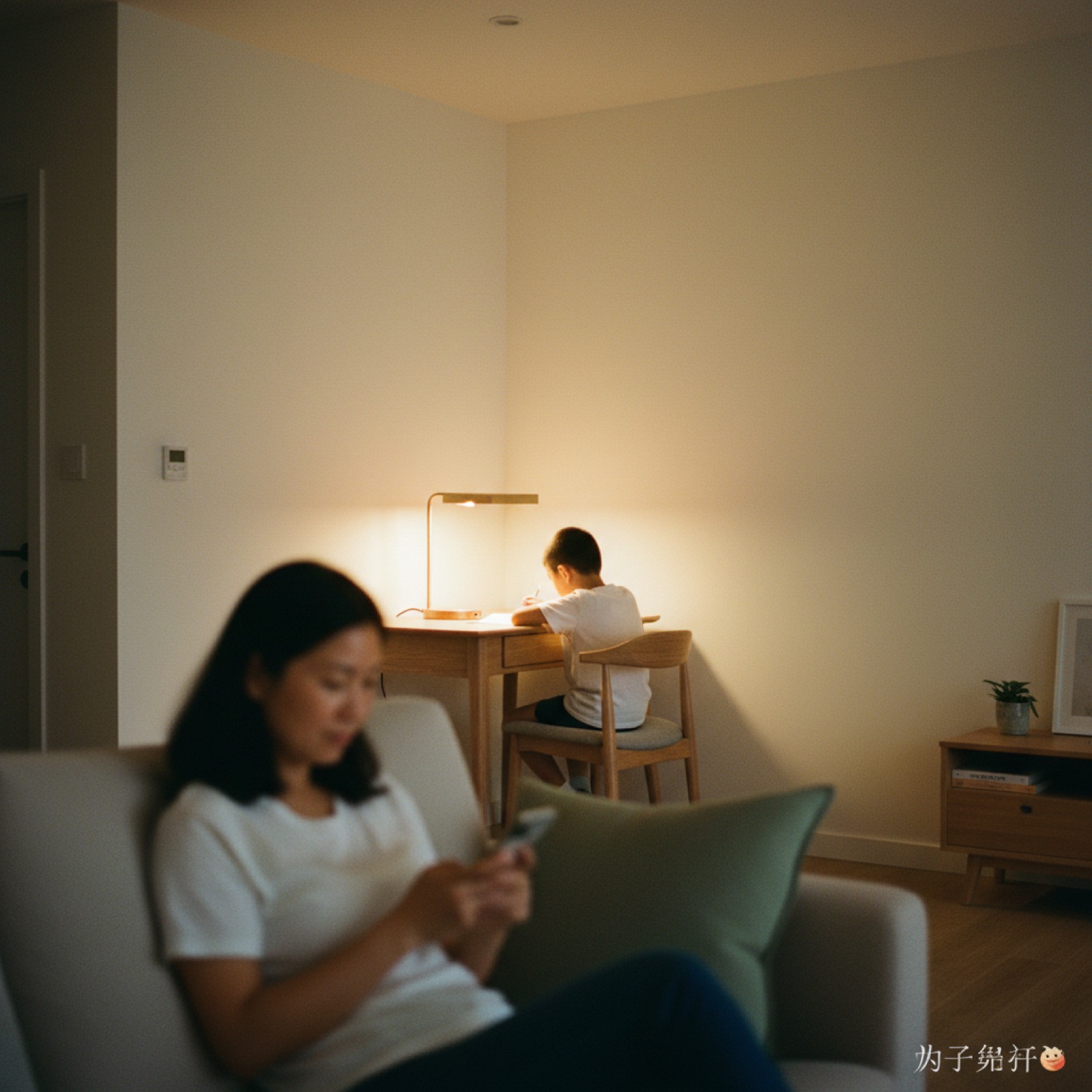 夜晚客厅孩子在书桌前写作业,妈妈在远处沙发上不打扰,温暖灯光