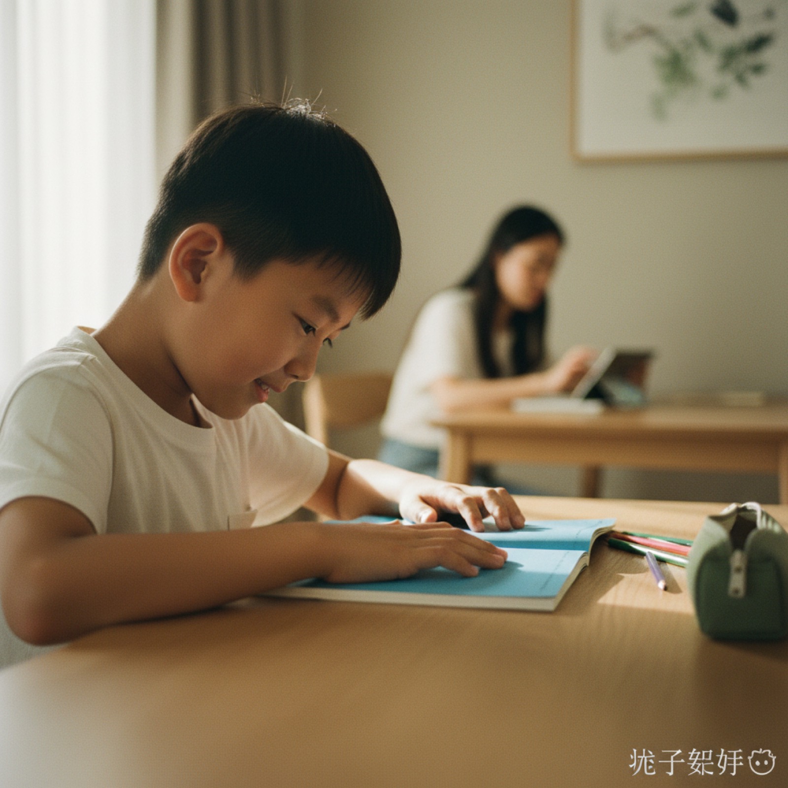孩子自己合上作业本,妈妈在远处不打扰