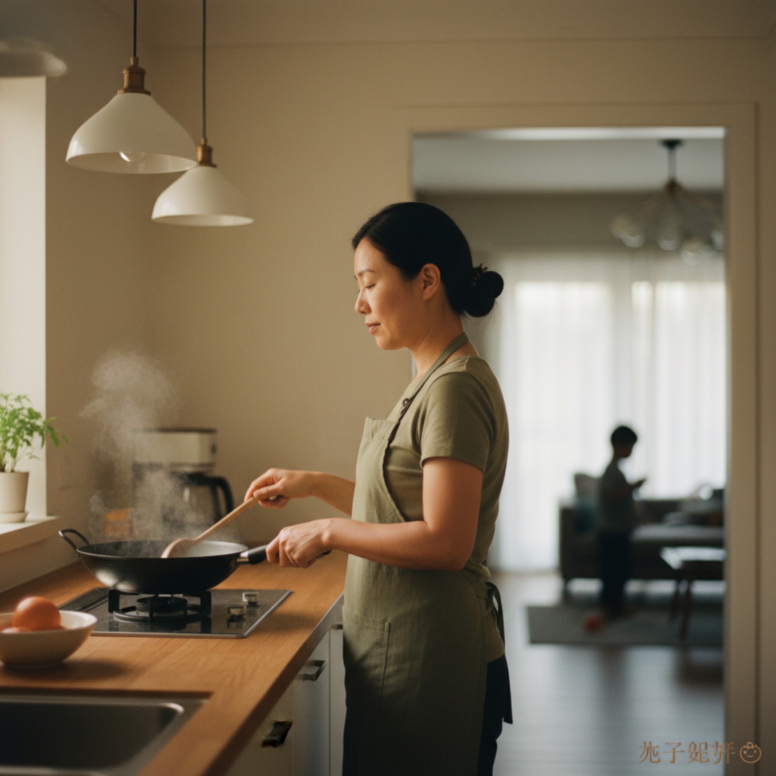 傍晚厨房妈妈准备晚饭,远处客厅孩子背影