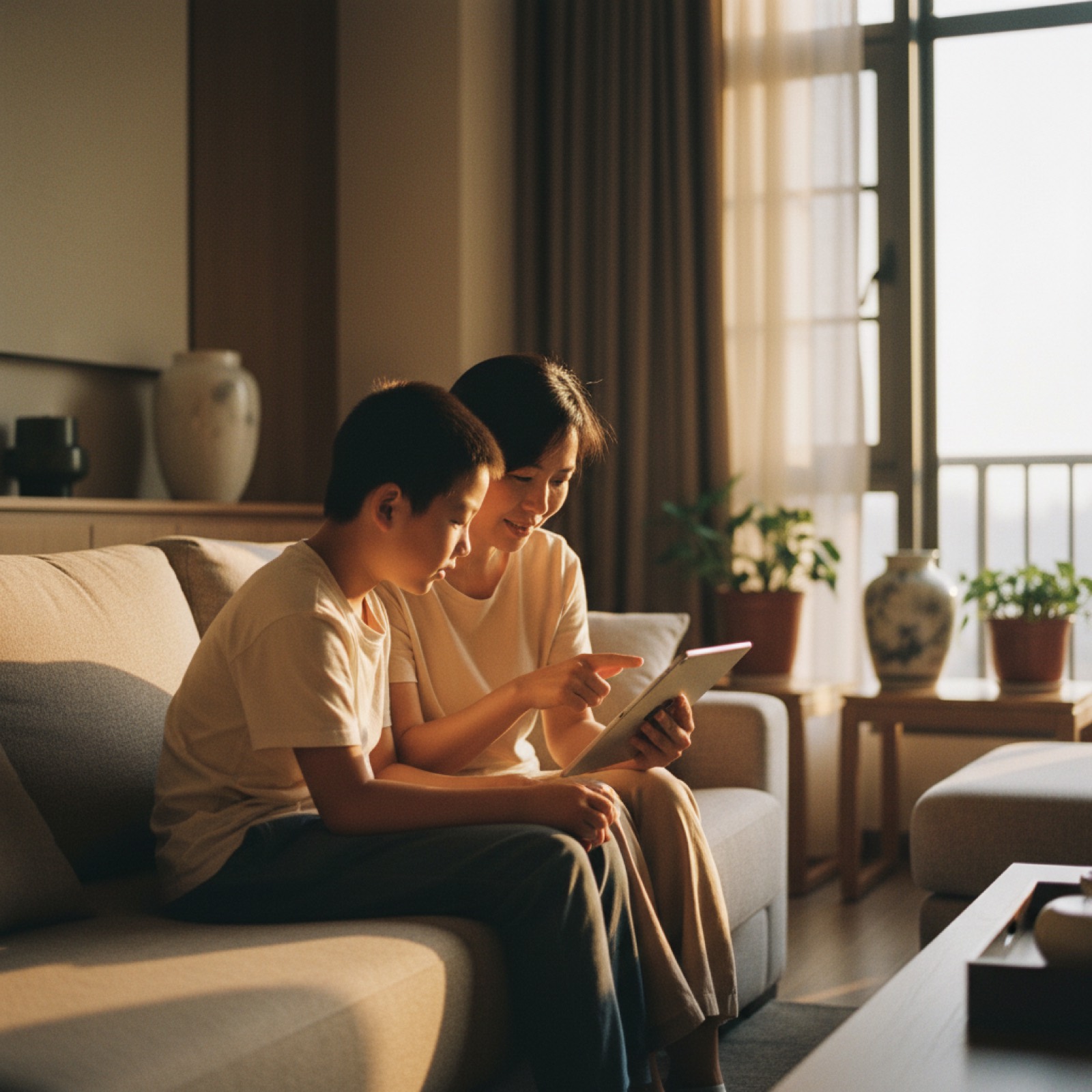 傍晚客厅沙发上妈妈和孩子并排坐着看 iPad 聊天