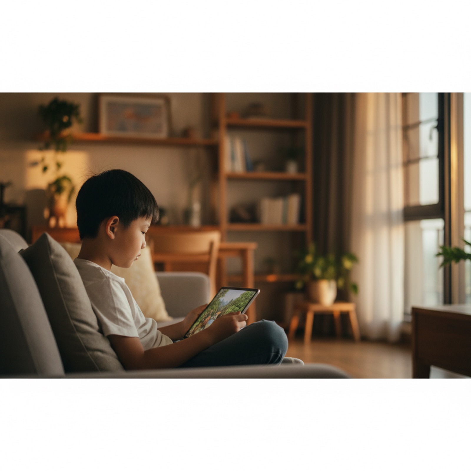 傍晚客厅孩子在沙发上盘腿看 iPad 上的纪录片,表情平静