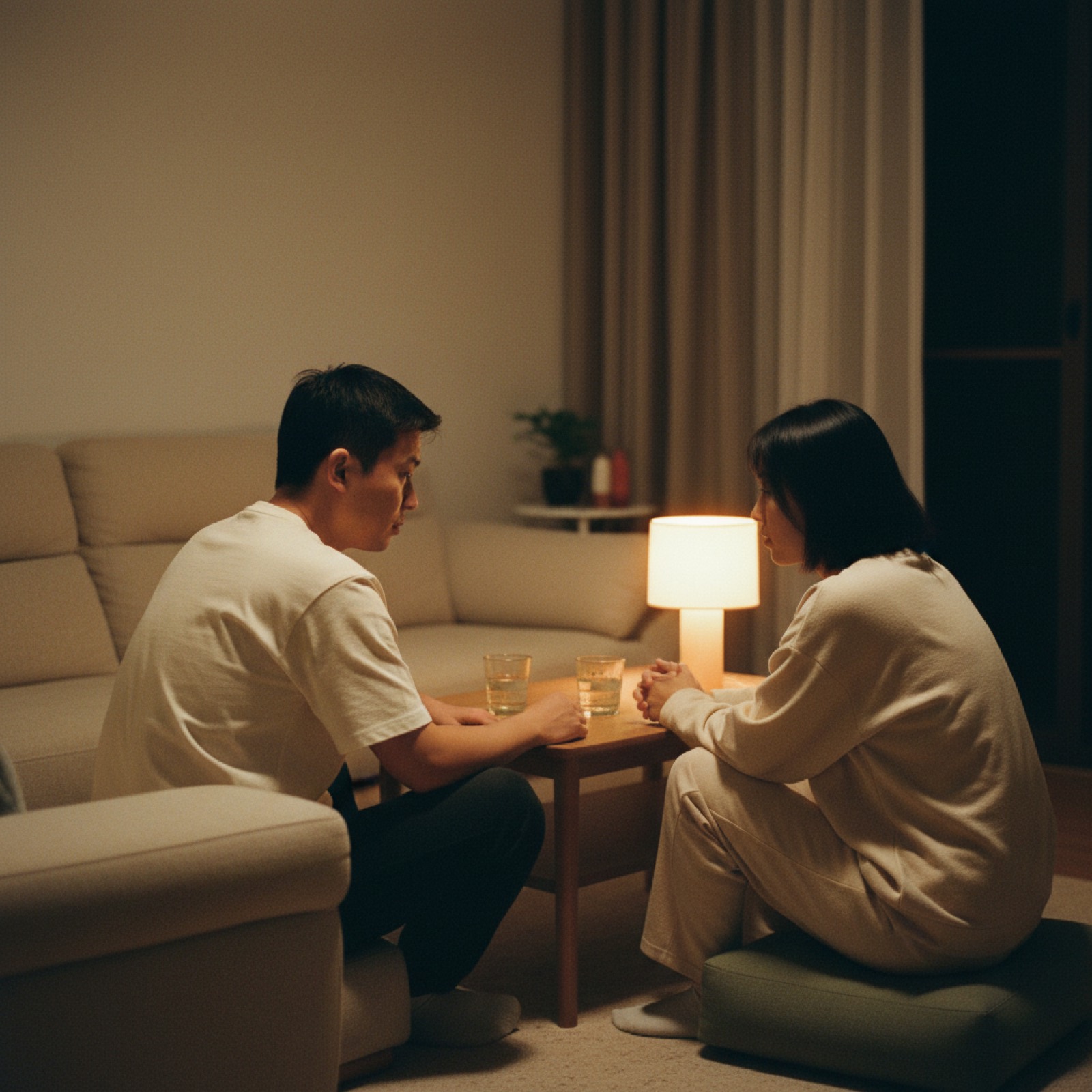 夜晚客厅夫妻关门轻声商量,茶几上有水杯