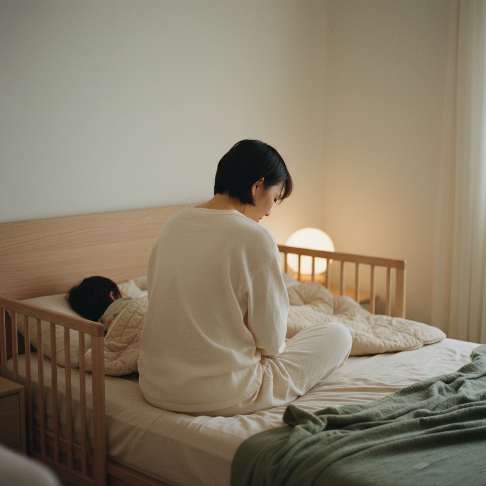 夜晚卧室妈妈 9:30 床头静静看孩子准备入睡,光线暖柔