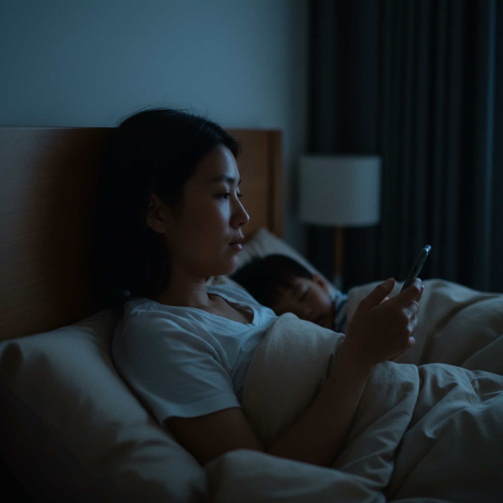 深夜卧室手机光照在妈妈脸上,孩子已睡着
