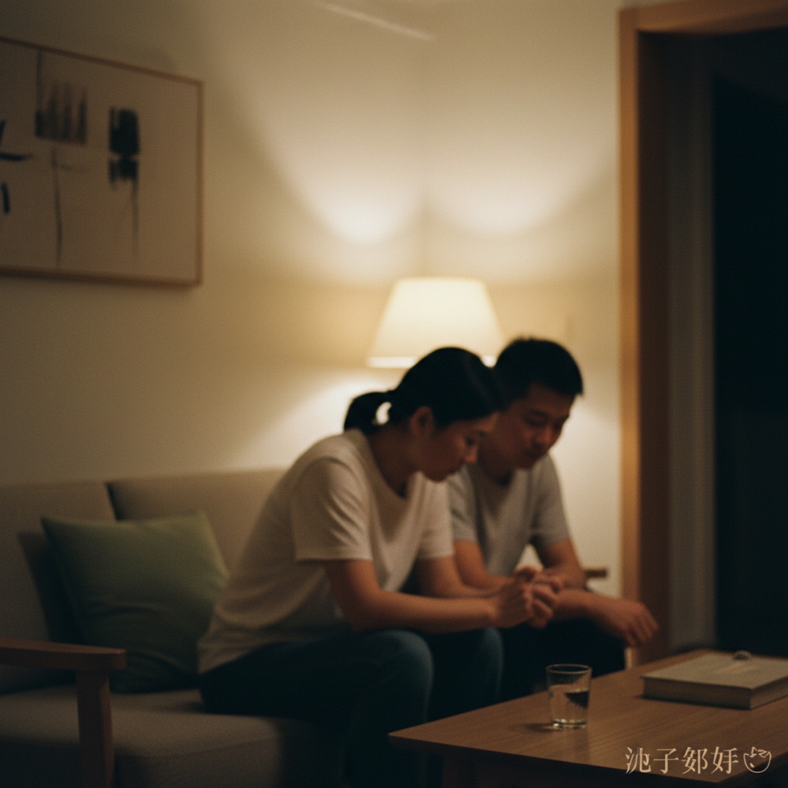 夜晚客厅夫妻 (一男一女) 关门商量,茶几有水杯