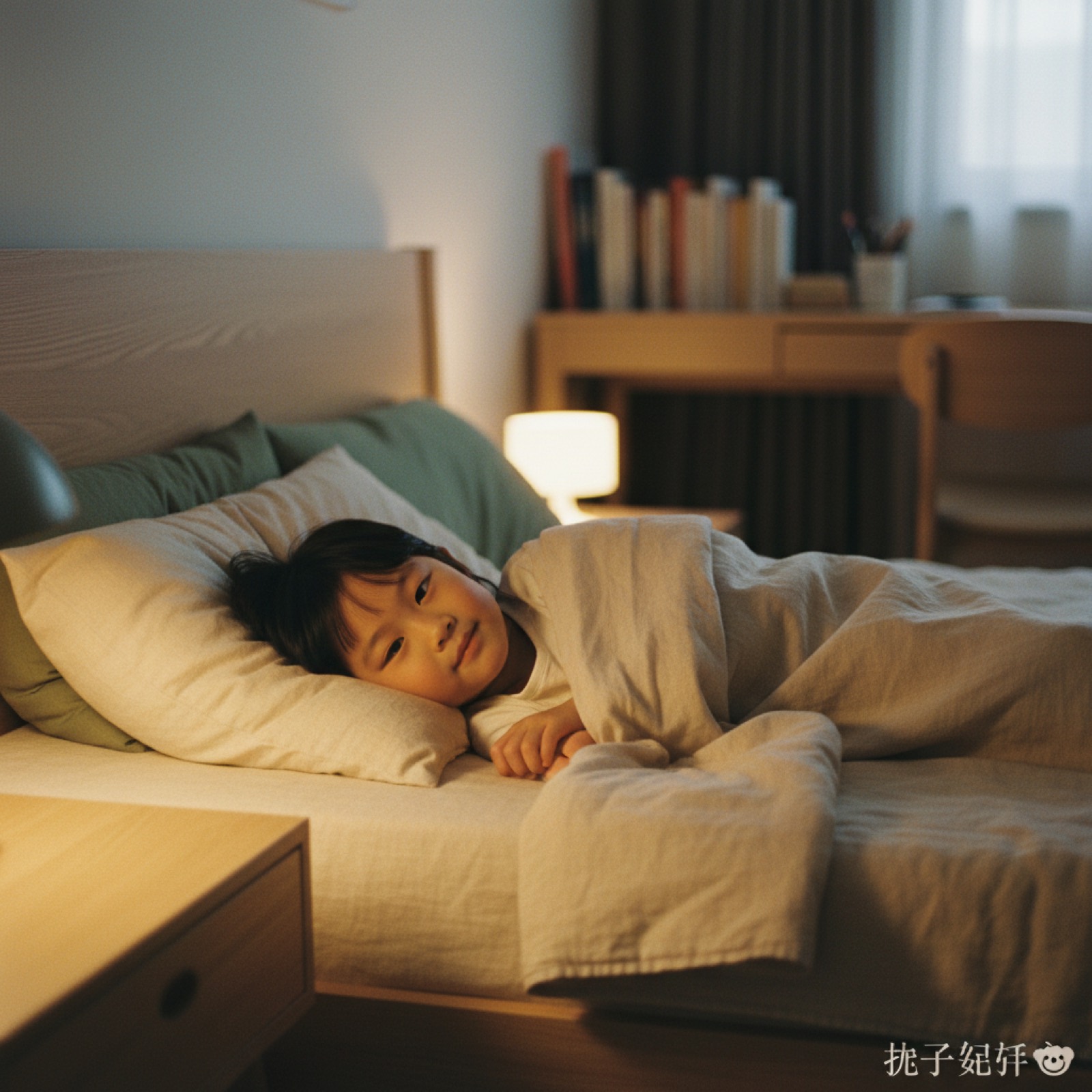夜晚孩子卧室孩子已放松准备入睡,床头暖光