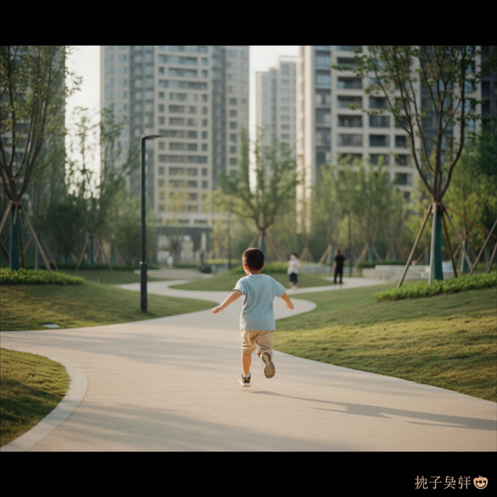 傍晚小区公园孩子奔跑玩耍的远景背影