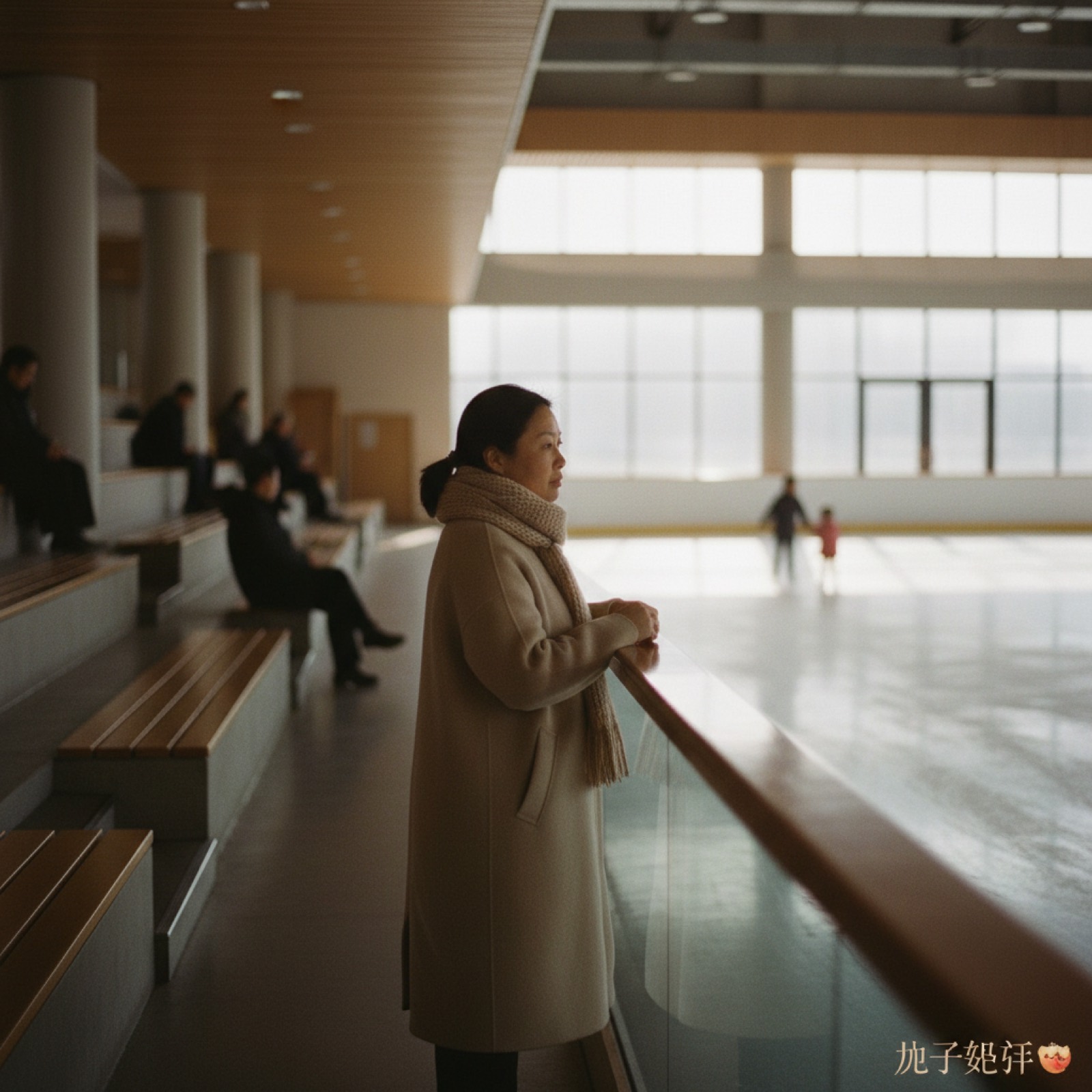 冰球场看台妈妈背影远远看着冰面上的孩子