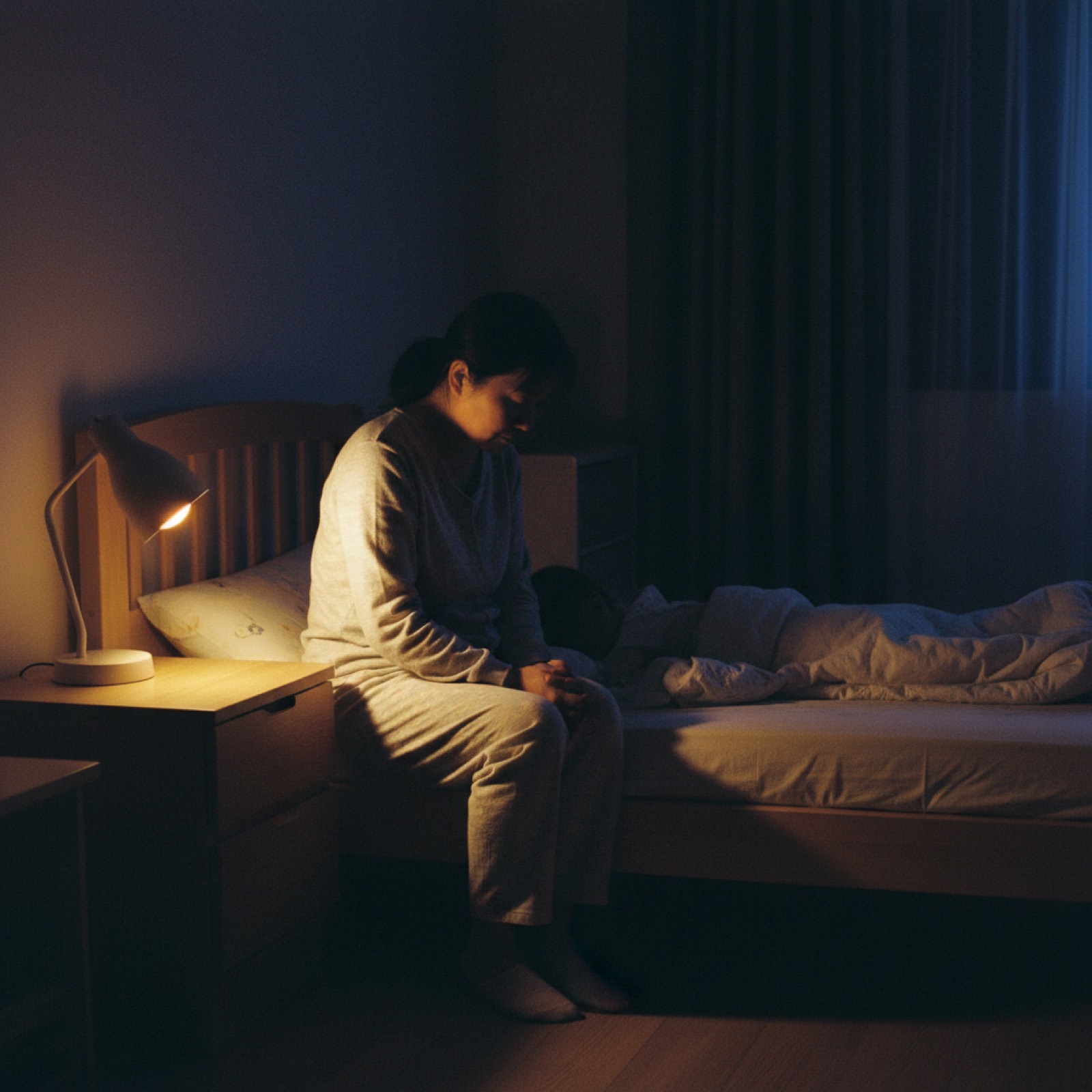 夜晚孩子卧室床边,妈妈坐床沿听孩子说话