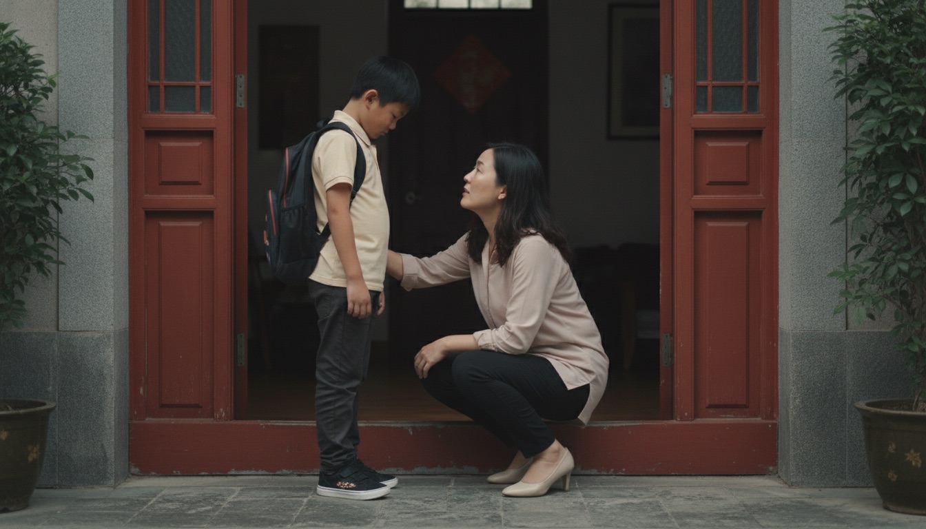 放学后小学男孩背着书包低头站在家门口，肩膀往下垮，神情失落，妈妈在门内蹲下来看着他