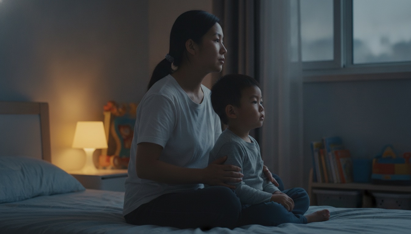 傍晚儿童房妈妈挨着男孩床边坐着一手放在他背上安静陪着