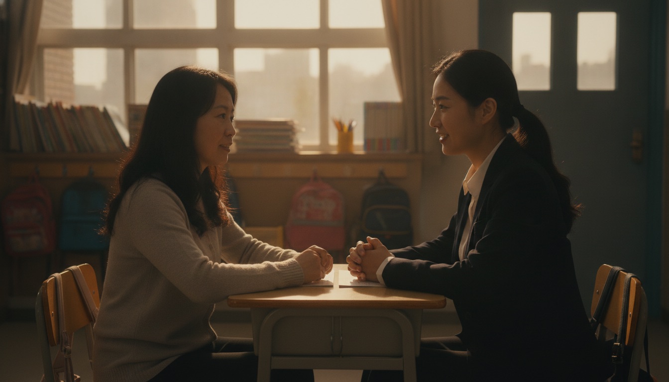 放学后教室里妈妈和女老师隔着课桌平和交谈神情诚恳