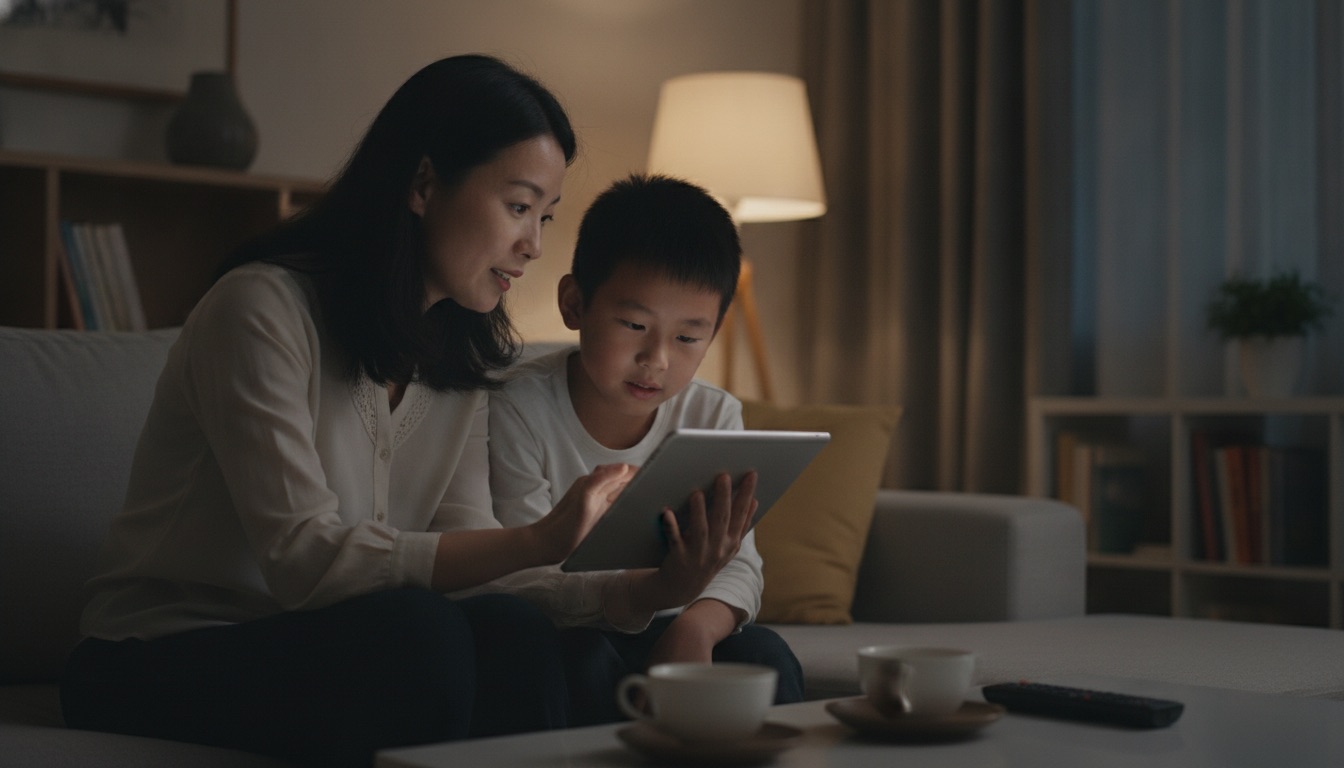 晚上客厅沙发妈妈和男孩挨着坐共用平板妈妈侧头轻声说话氛围平和