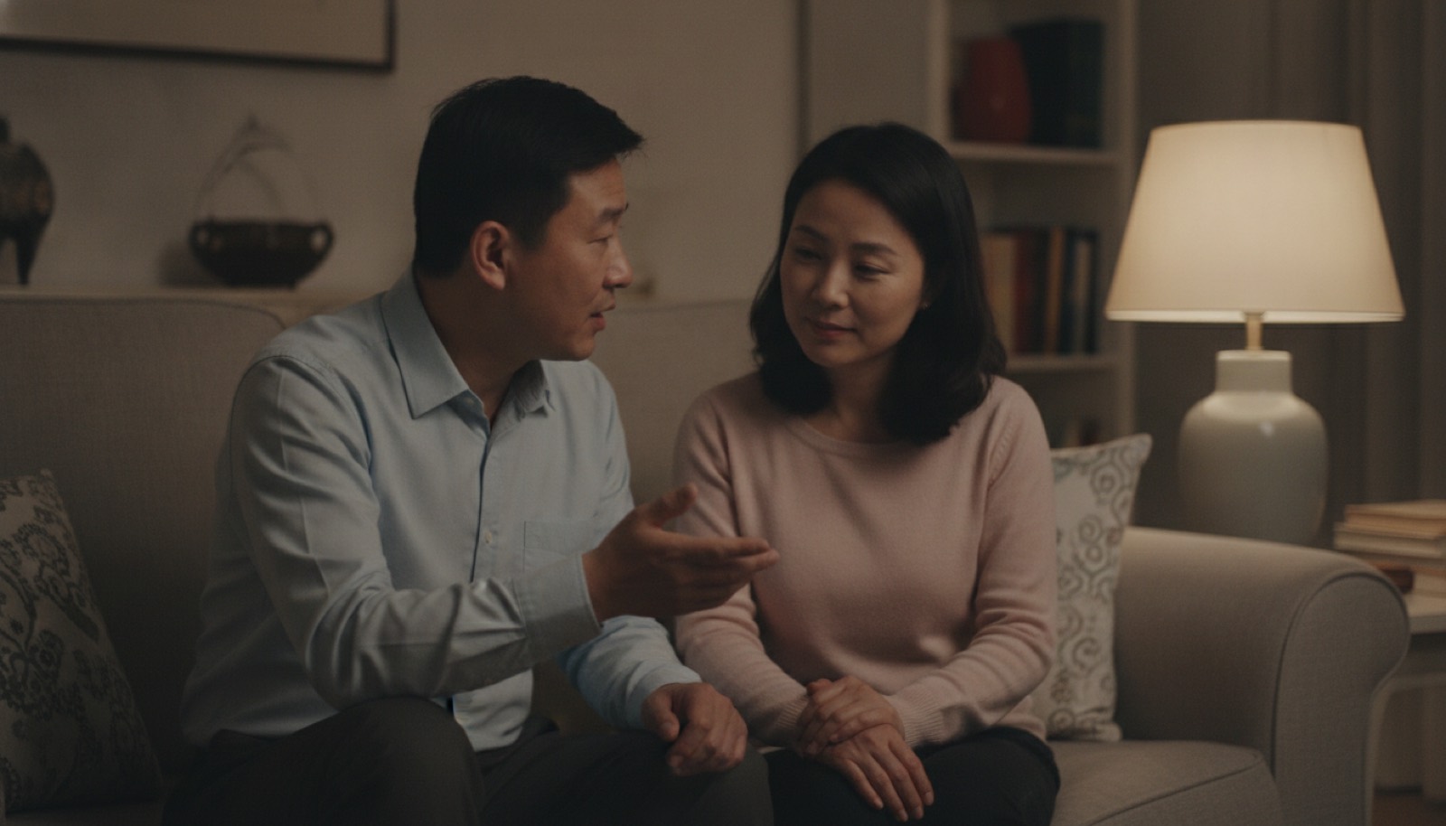 夜晚沙发爸爸侧身认真跟妈妈说话妈妈低头听
