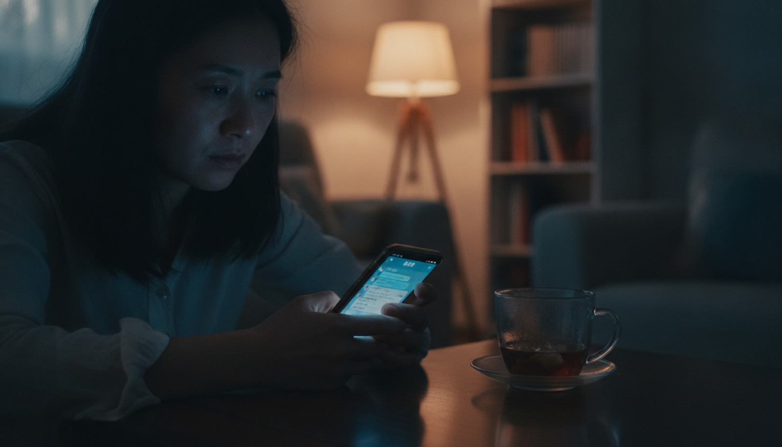 夜晚手机屏幕亮着停在一个家长群对话上,旁边一杯凉了的茶,光线柔和,氛围安静酸涩