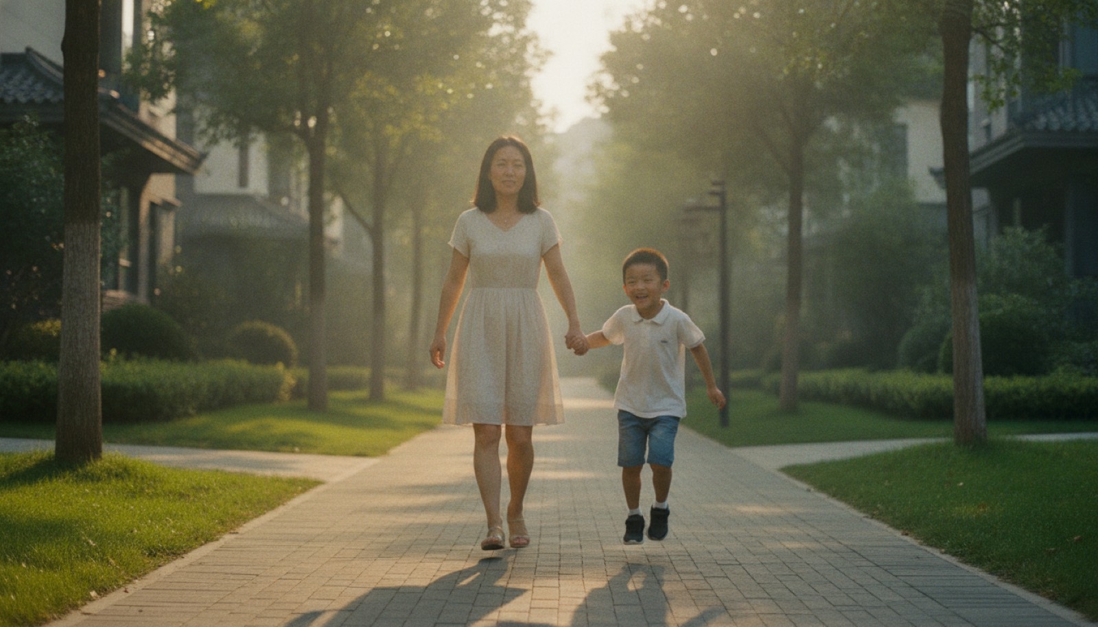 清晨小区步行道妈妈牵着蹦跳的孩子神情平静