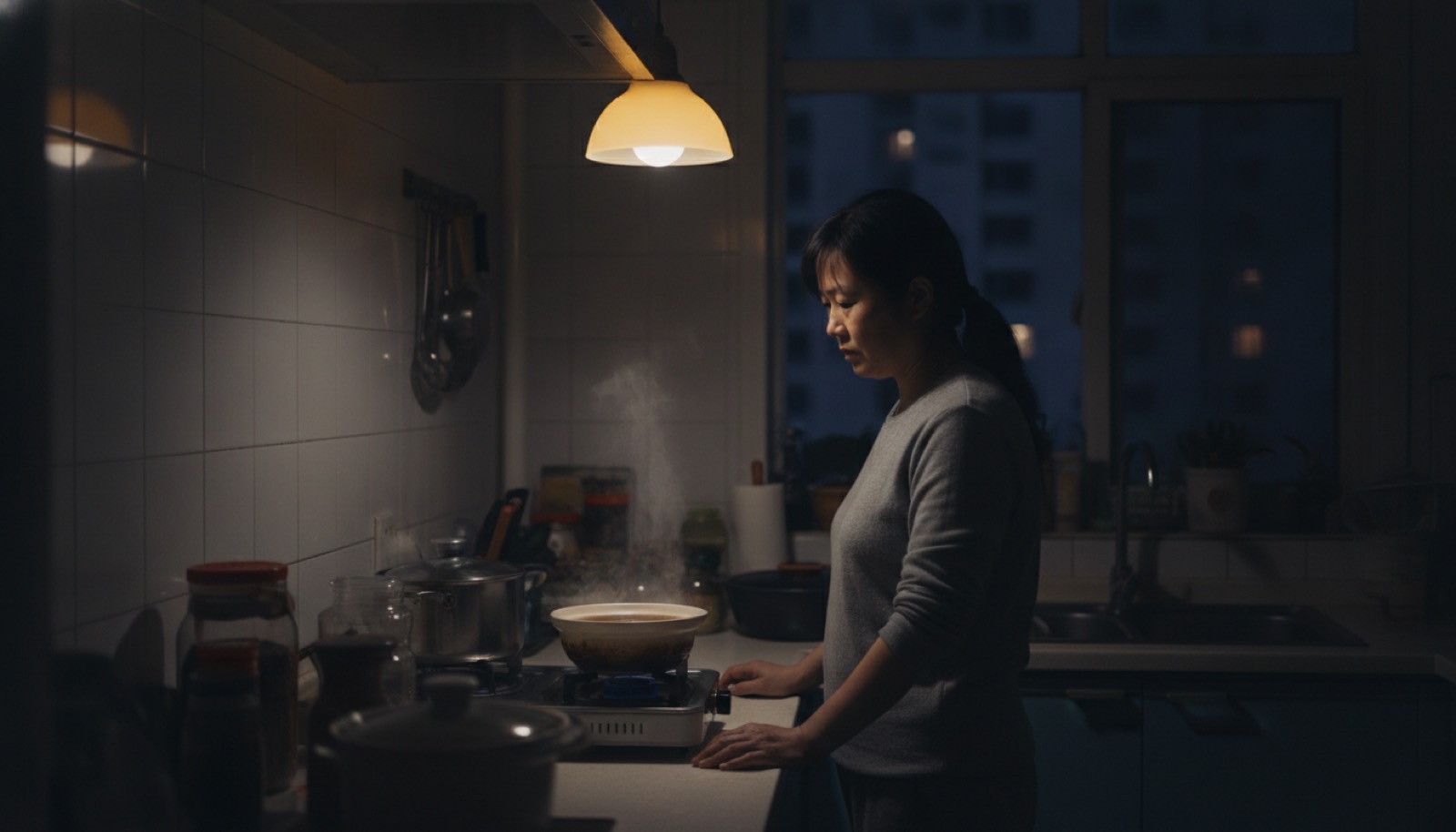夜晚厨房妈妈看着灶台上温着的中药神情复杂