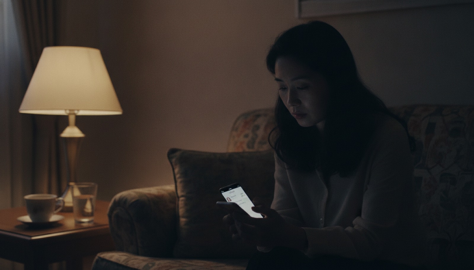 夜晚沙发妈妈盯着手机家长群消息神情失落