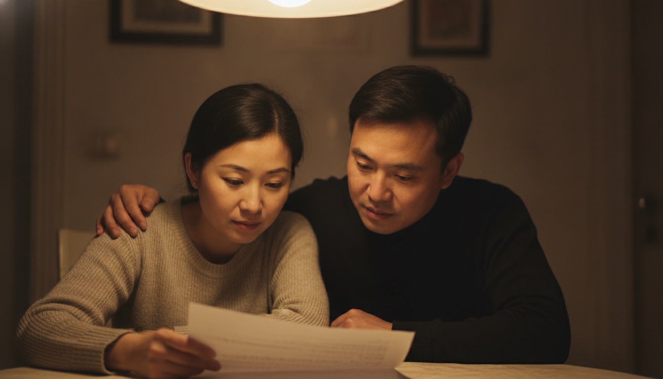 夜晚餐桌旁夫妻并排看着一张纸爸爸手搭妈妈肩神情缓和