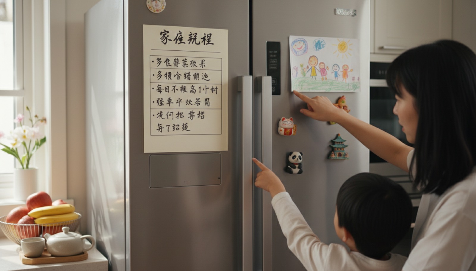 冰箱门上贴着家庭规则地图旁边孩子画的小画