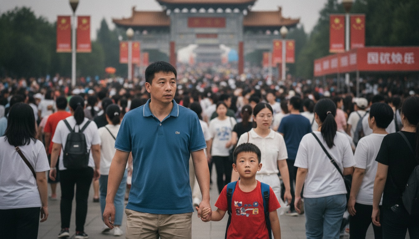 国庆假期人山人海的景区大门口,人潮拥挤,一个 8 岁中国男孩被爸爸牵着手挤在人群里,脸上有点被环境淹没的疲惫神情