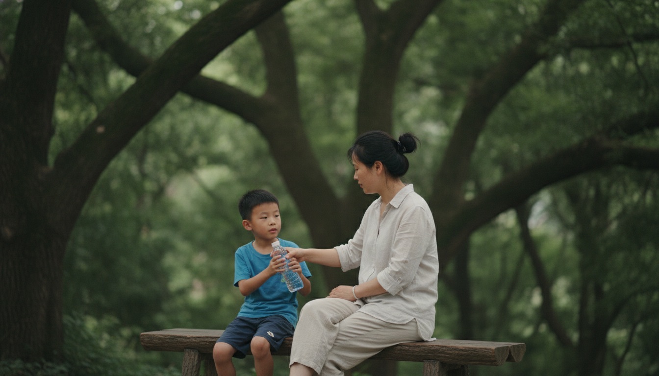 景区树荫长椅上妈妈和男孩坐着休息妈妈递水
