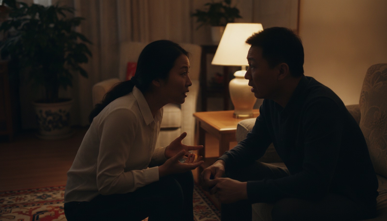 夜晚客厅夫妻面对面坐着妈妈倾诉爸爸震动听着
