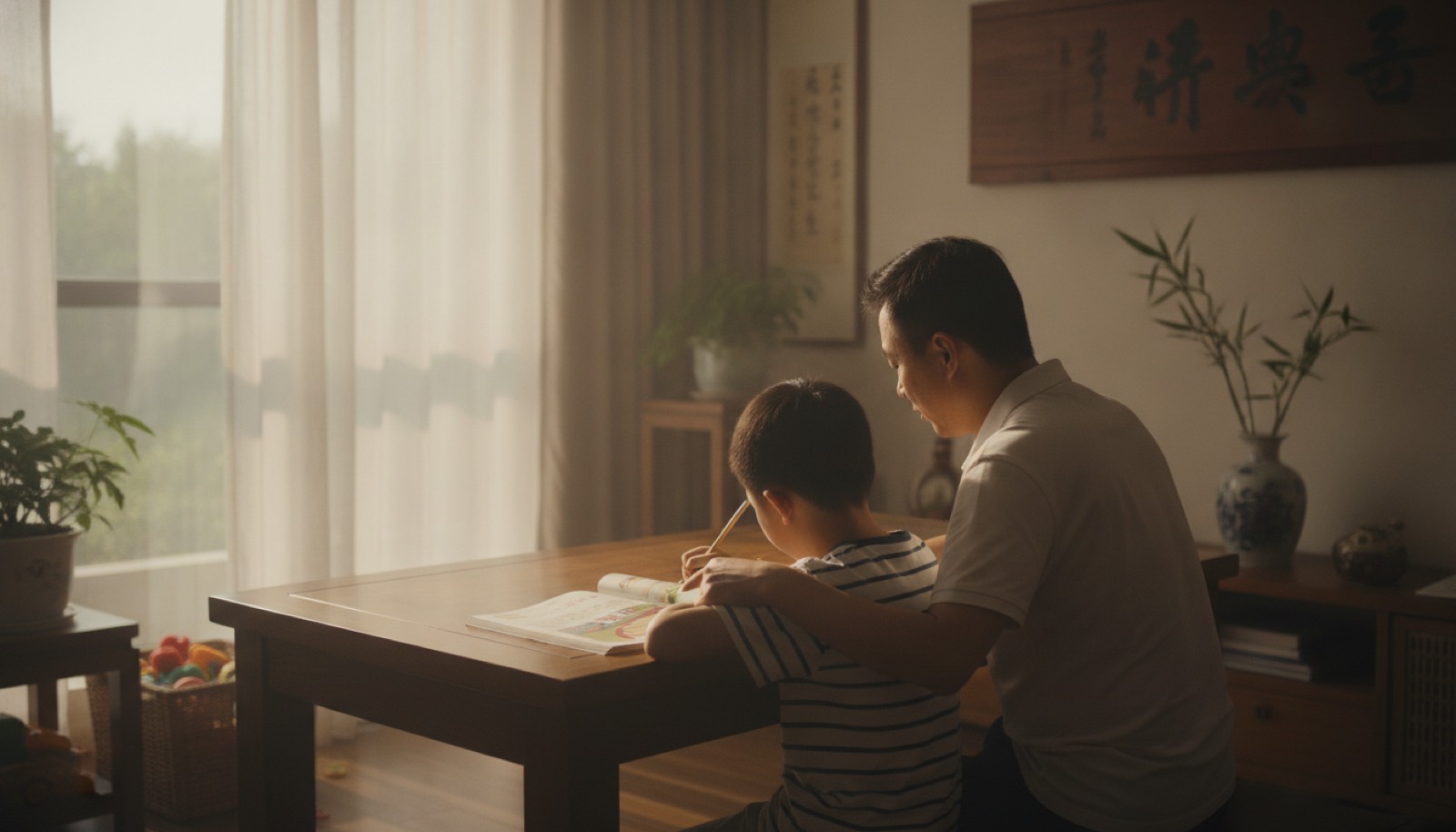 夏日傍晚客厅爸爸陪着孩子做事的背影,光线柔和,氛围温暖日常
