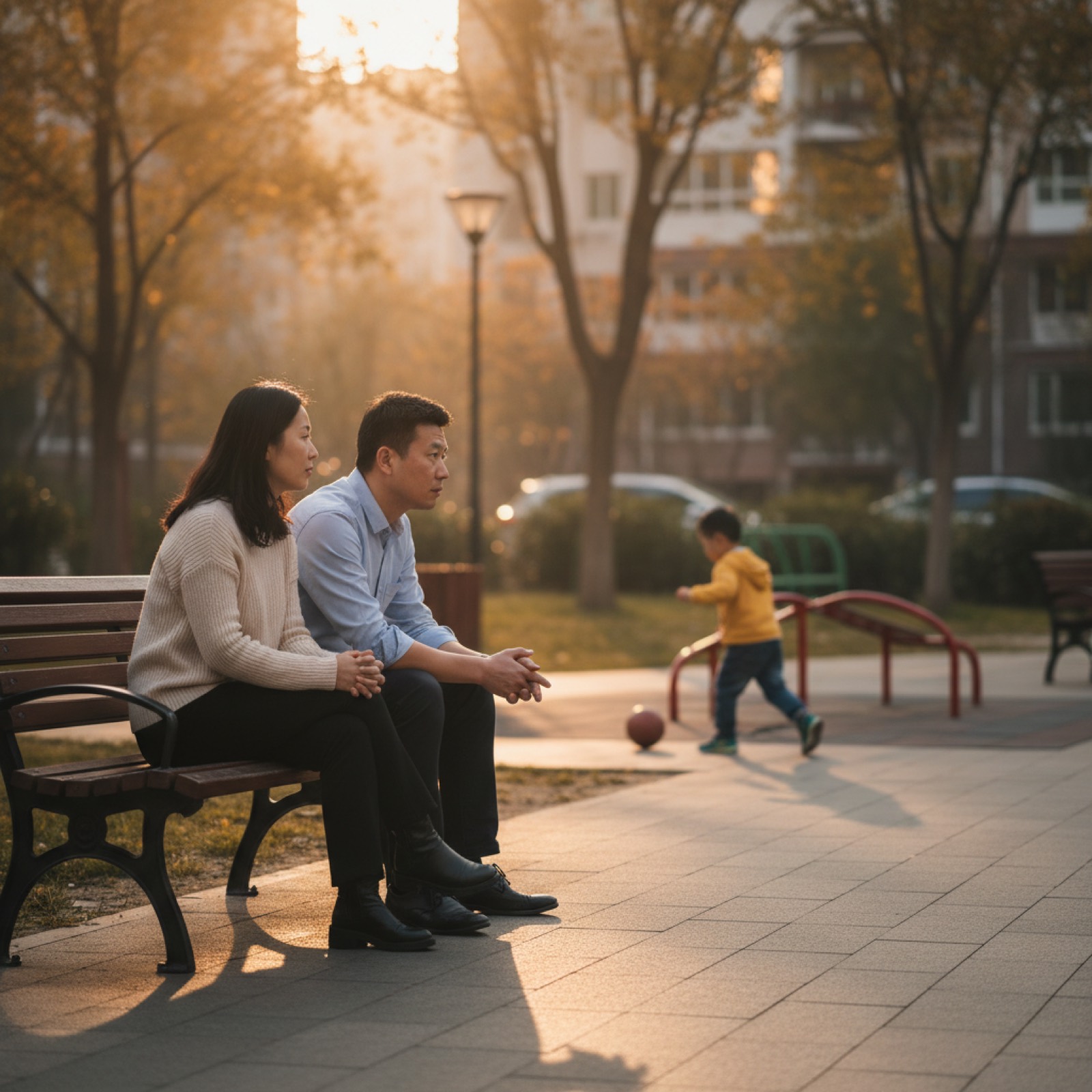 傍晚住宅区小公园,父母坐在长椅上轻声讨论,孩子在一旁玩耍,夕阳暖光