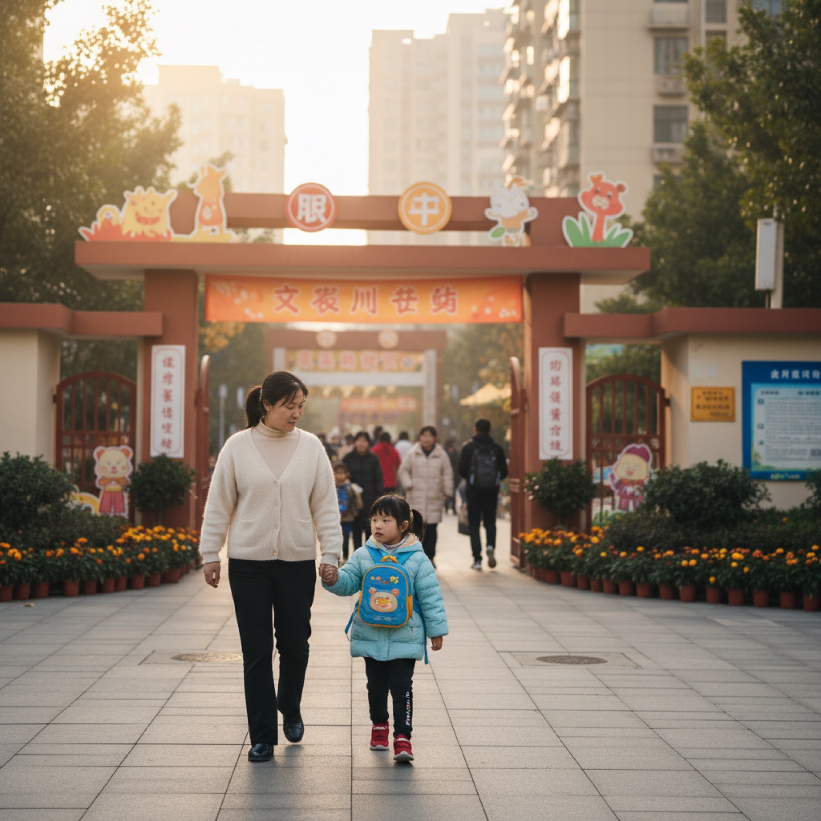 幼儿园门口早晨,妈妈牵孩子走向园门,孩子背小书包,自然光