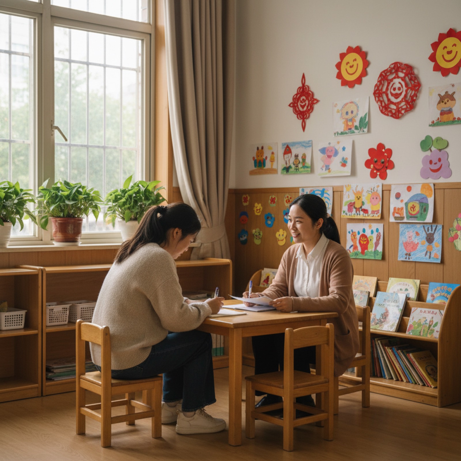 幼儿园接待室,妈妈跟老师当面坐下谈,妈妈在记笔记,自然光