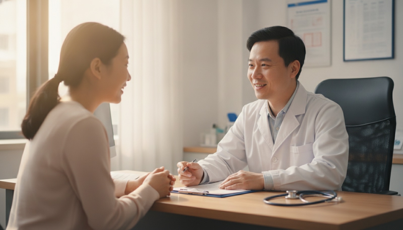 诊室医生笑着跟妈妈说话妈妈又惊又喜眼眶红