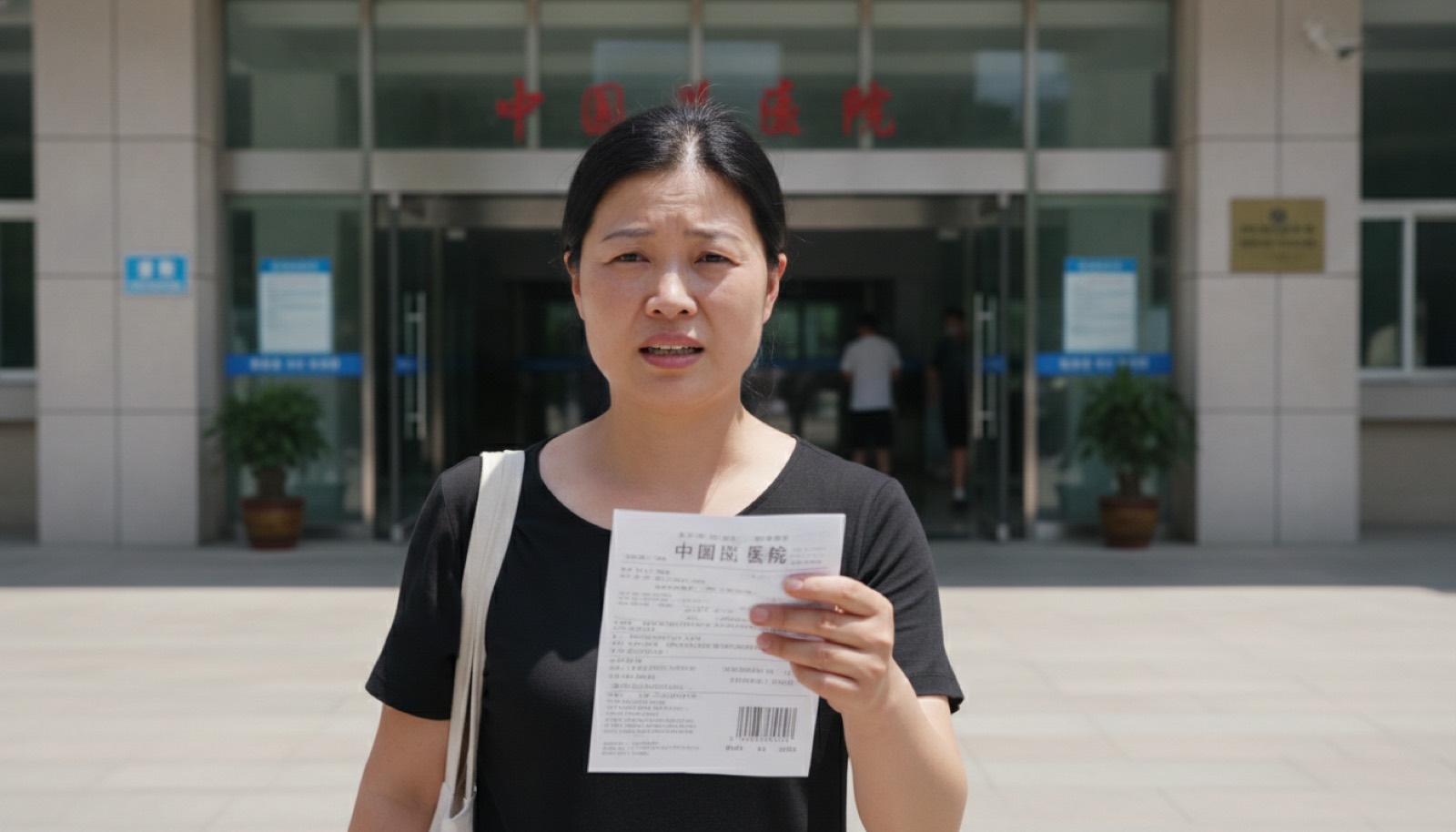 医院门口妈妈拿着处方单从喜悦转为忧虑出神