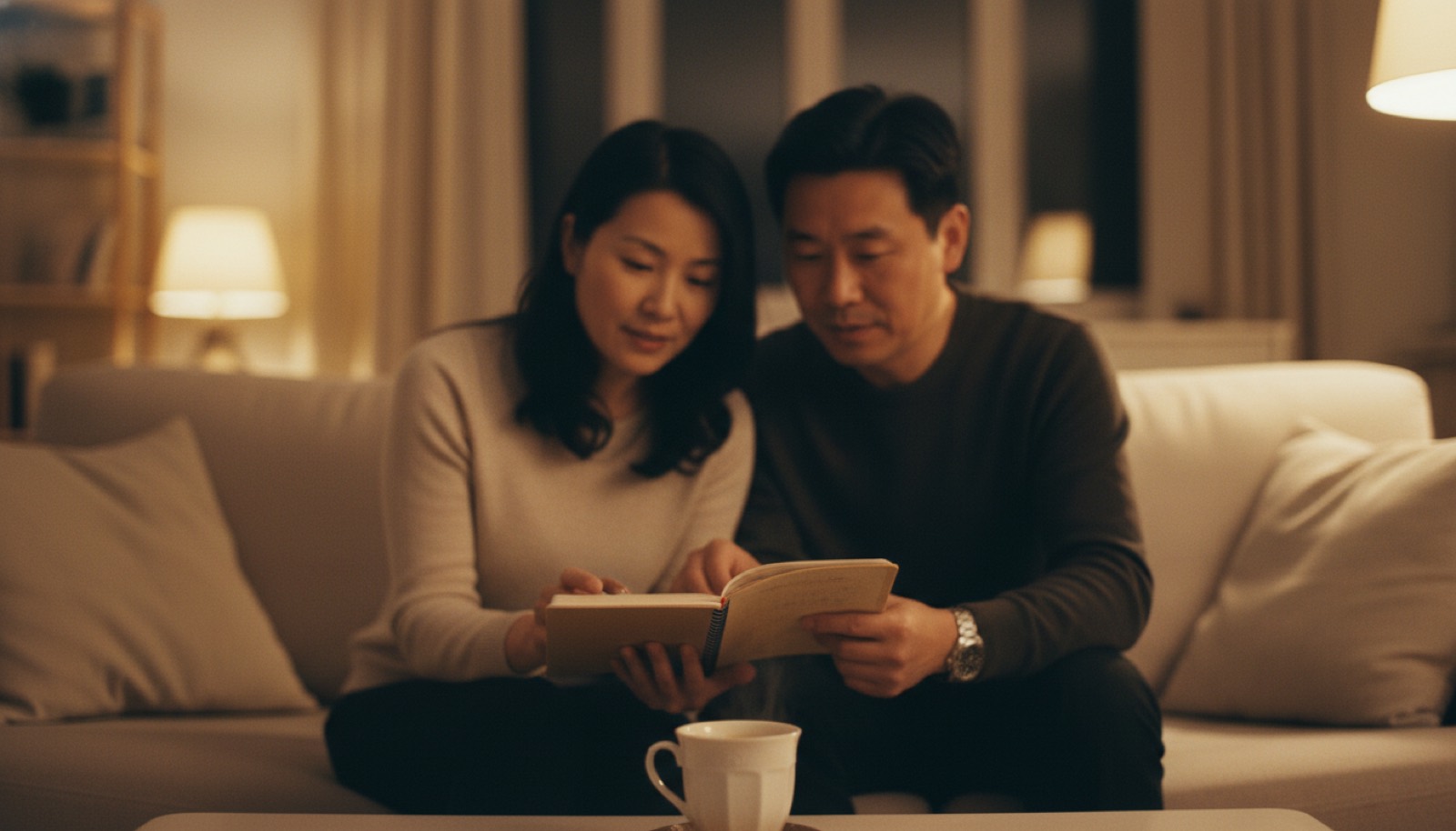夜晚客厅夫妻并排翻笔记本中间一杯茶