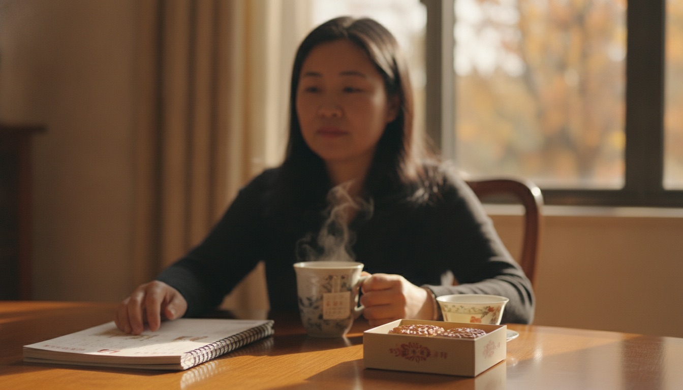 初秋午后妈妈坐在餐桌旁手边翻开的日历和温茶窗外柔光