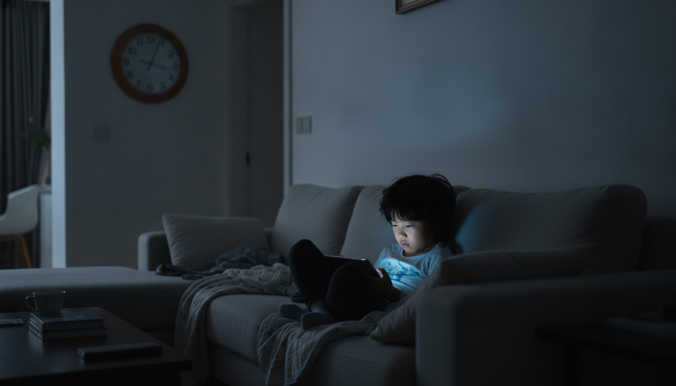 夜晚沙发上孩子蜷着看平板屏幕冷光打在脸上墙上的钟指着很晚