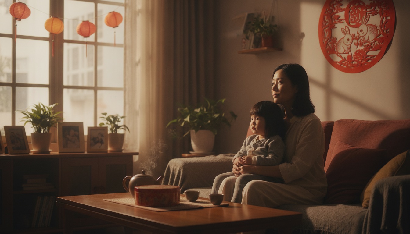 中秋前傍晚温暖的中国家庭客厅，妈妈和孩子在暖光下安静待着，桌上有月饼，氛围松弛平和