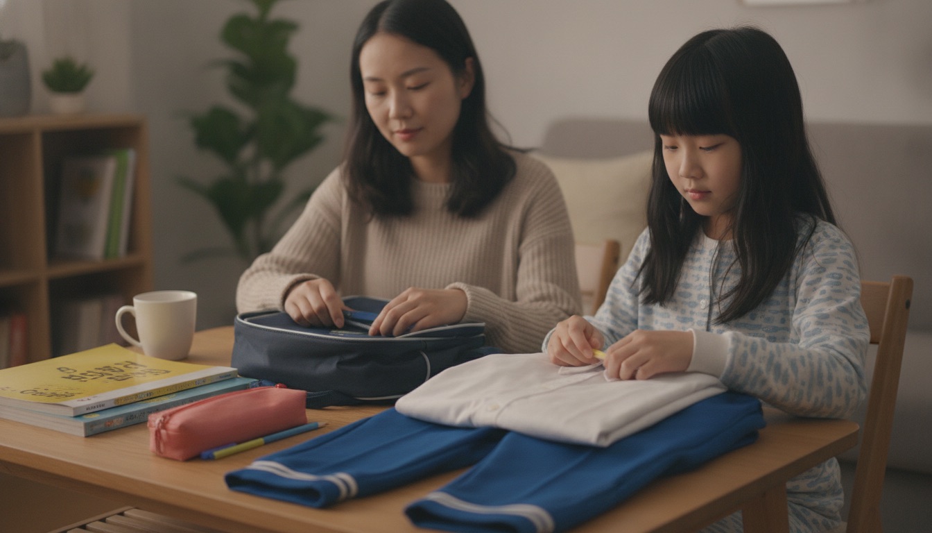 假期最后一天傍晚妈妈和孩子一起收拾书包摆好校服桌上一杯温牛奶