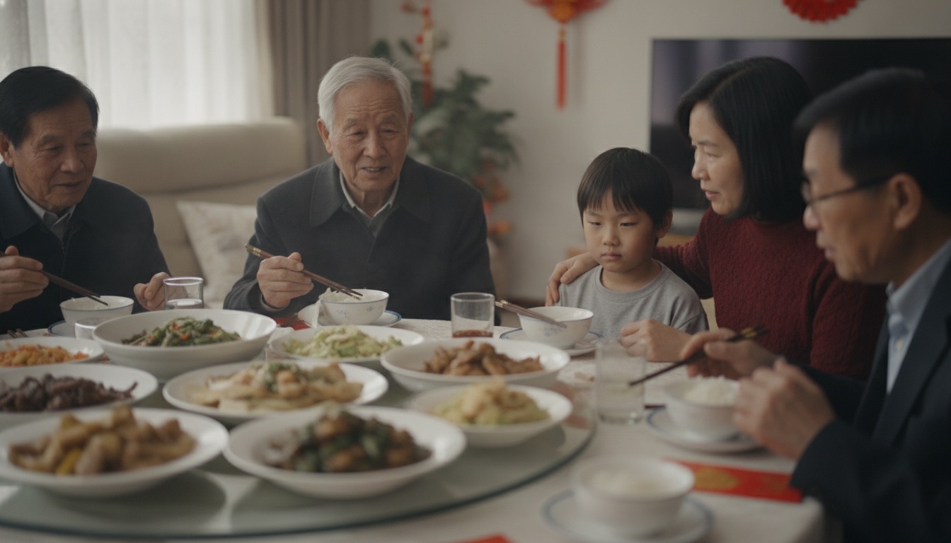 节日聚餐餐桌旁亲戚围坐孩子在角落有点局促妈妈搭着他的肩