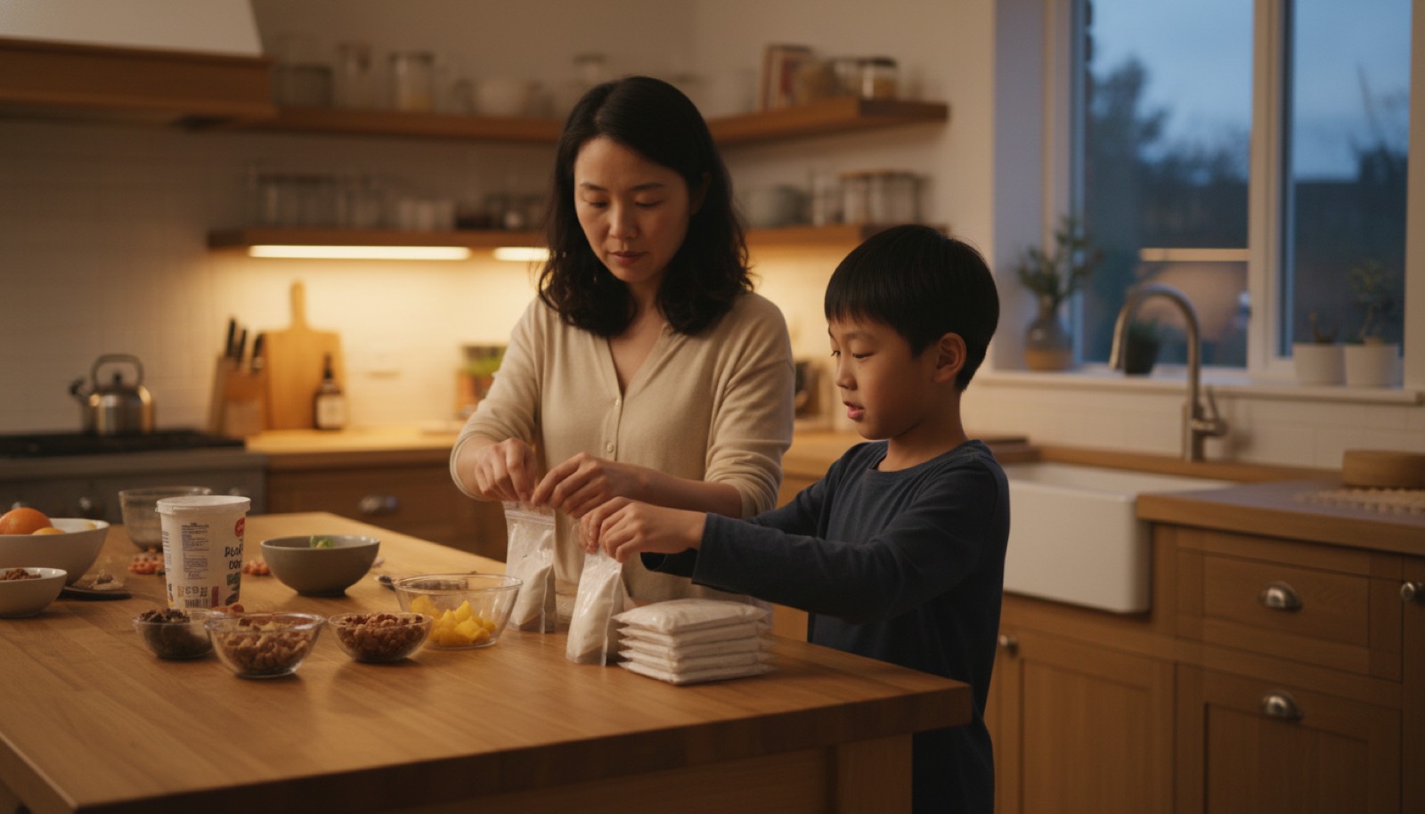 傍晚厨房妈妈和孩子一起分装替代零食