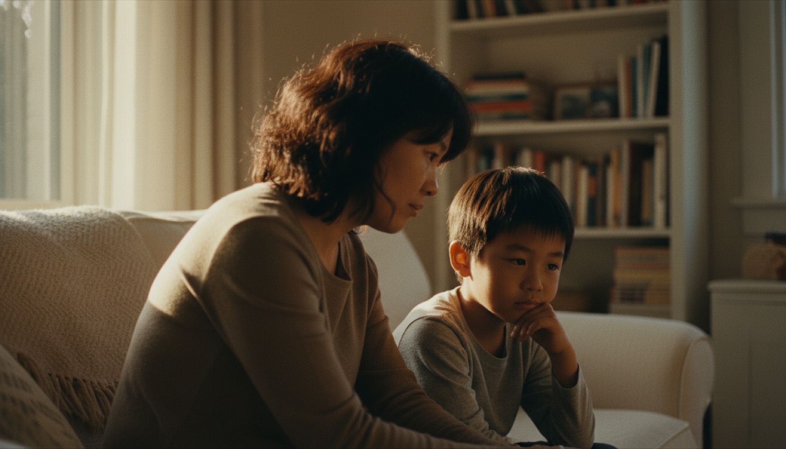 傍晚客厅沙发妈妈和孩子并排坐着说话